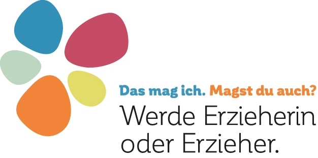 Grafik mit bunten, blütenähnlichen Formen und dem Text: „Das mag ich. Magst du auch? Werde Erzieherin oder Erzieher.“
